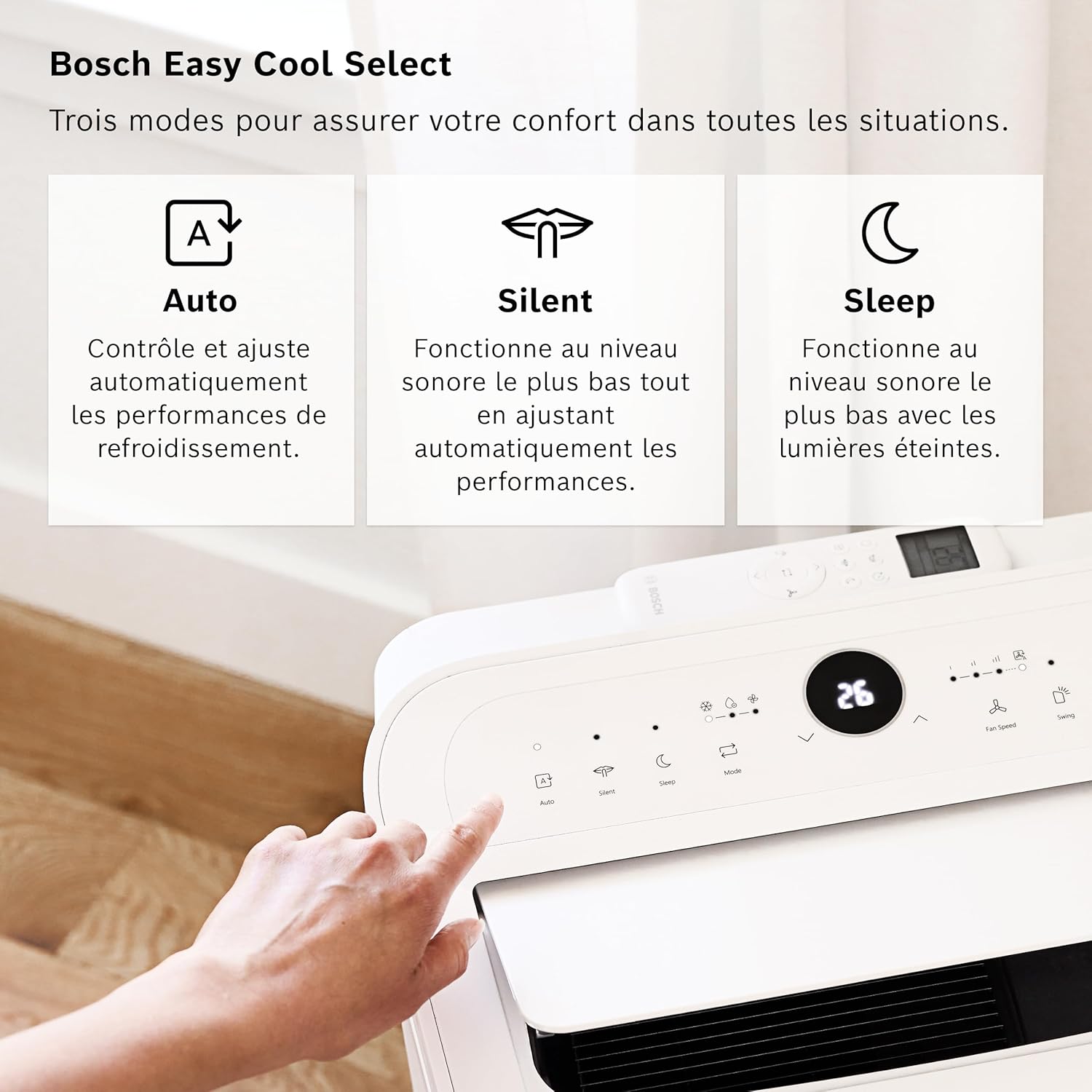Bosch Cool 2000 Portable AC - 3 en 1 Climatiseur, Déshumidificateur, Ventilateur - 2,6 kW pour les pièces jusqu'à 35m² - Avec Mode Auto, Mode Silencieux et Mode Veille (46 db (A)) [Classe A]