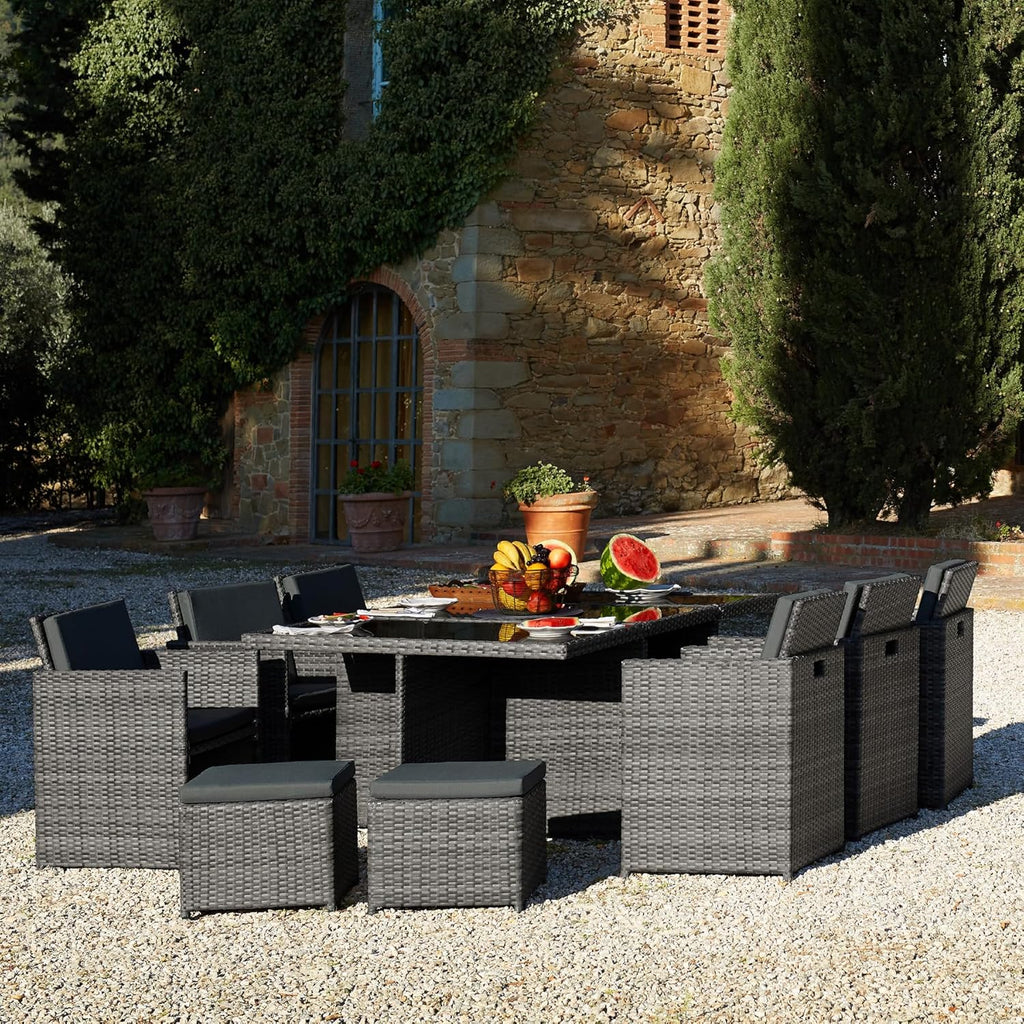 TecTake Salon de Jardin Exterieur en Résine Tressée Poly Rotin Salon de Jardin Table 10 Personnes Fauteuil Exterieur Encastrable Aluminium, 2 Sets de Housses + Housse de Protection – Marron Naturel