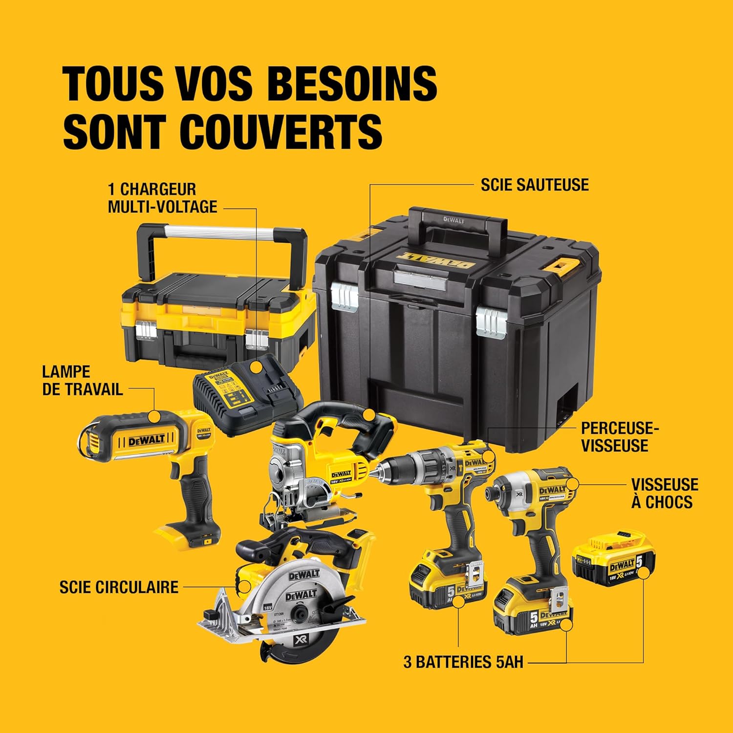 DEWALT - Pack 5 outils XR 18V, 1 perceuse-visseuse, 1 visseuse à chocs à 3 vitesses, 1 scie sauteuse, 1 scie circulaire, 1 lampe LED, 3 batteries 5Ah, 1 chargeur et 2 coffrets TSTAK, DCK551P3T-QW