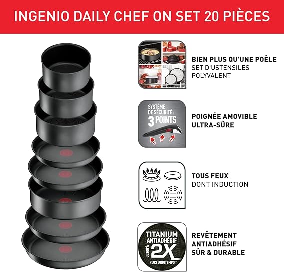 Tefal Ingenio Batterie de cuisine 20 p, Poêles, Casseroles, Induction, Revêtement antiadhésif résistant, Empilable, Compatible lave-vaisselle, Fabriqué en France, Daily Chef On L7619402