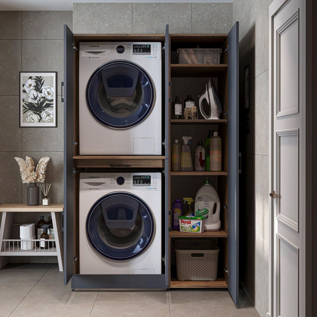 ROOMART Dora - Meuble pour machine à laver - Pour sèche-linge et machine à laver - En 4 couleurs - Avec portes et panneau coulissant - Blanc - Chêne blanc - Chêne anthracite - Chêne blanc (chêne blanc)