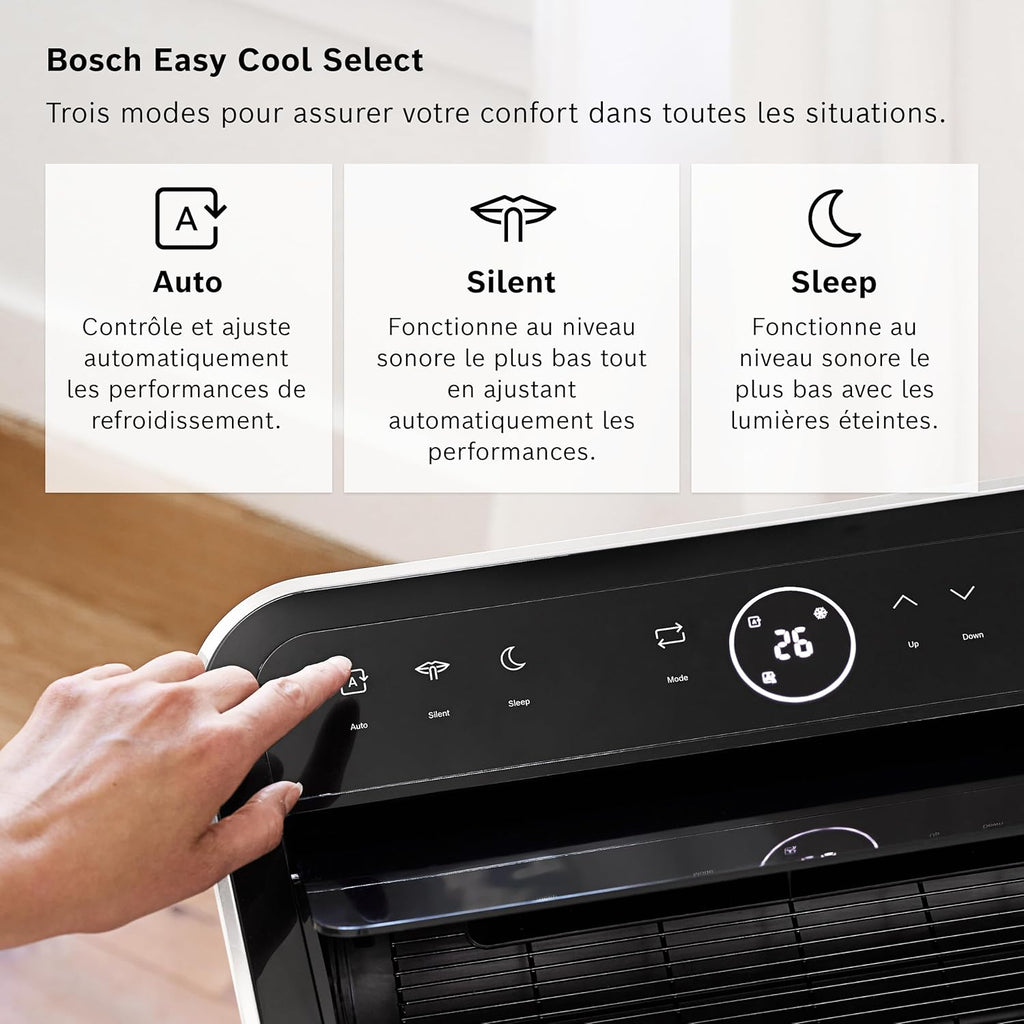 Bosch Cool 4000 Portable AC - 3 en 1 Climatiseur, Déshumidificateur, Ventilateur - 2,6 kW pour les pièces jusqu'à 35m² - Avec Mode Auto, Mode Silencieux et Mode Veille (48 db (A)) Classe A+]