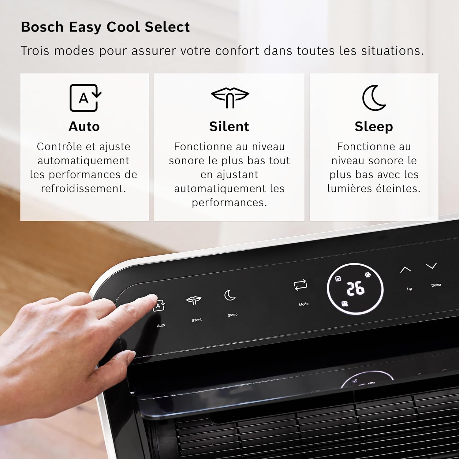 Bosch Cool 4000 Portable AC - 3 en 1 Climatiseur, Déshumidificateur, Ventilateur - 2,6 kW pour les pièces jusqu'à 35m² - Avec Mode Auto, Mode Silencieux et Mode Veille (48 db (A)) Classe A+]