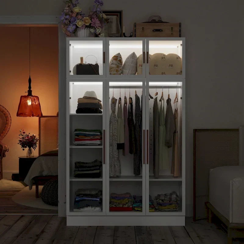47.2 Wide Armoire LED Light All Glass Door Closet Cabinet Wardrobe