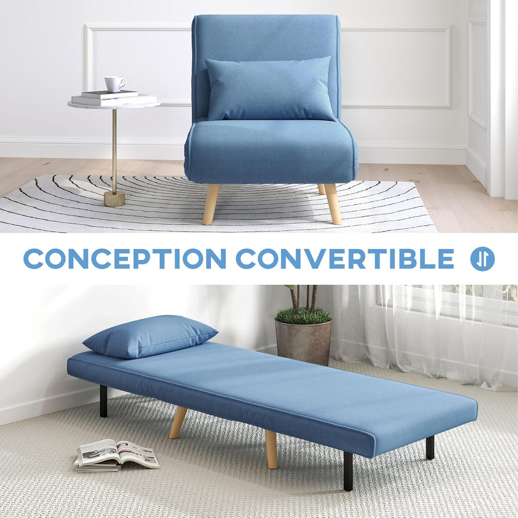 HOMCOM 3 en 1 Fauteuil Convertible 1 Place, Fauteuil lit et chauffeuse - Dossier inclinable 5 Niveaux et Oreiller Inclus, siège rembourré - pour Bureau, Salon, Chambre à Coucher, Bleu