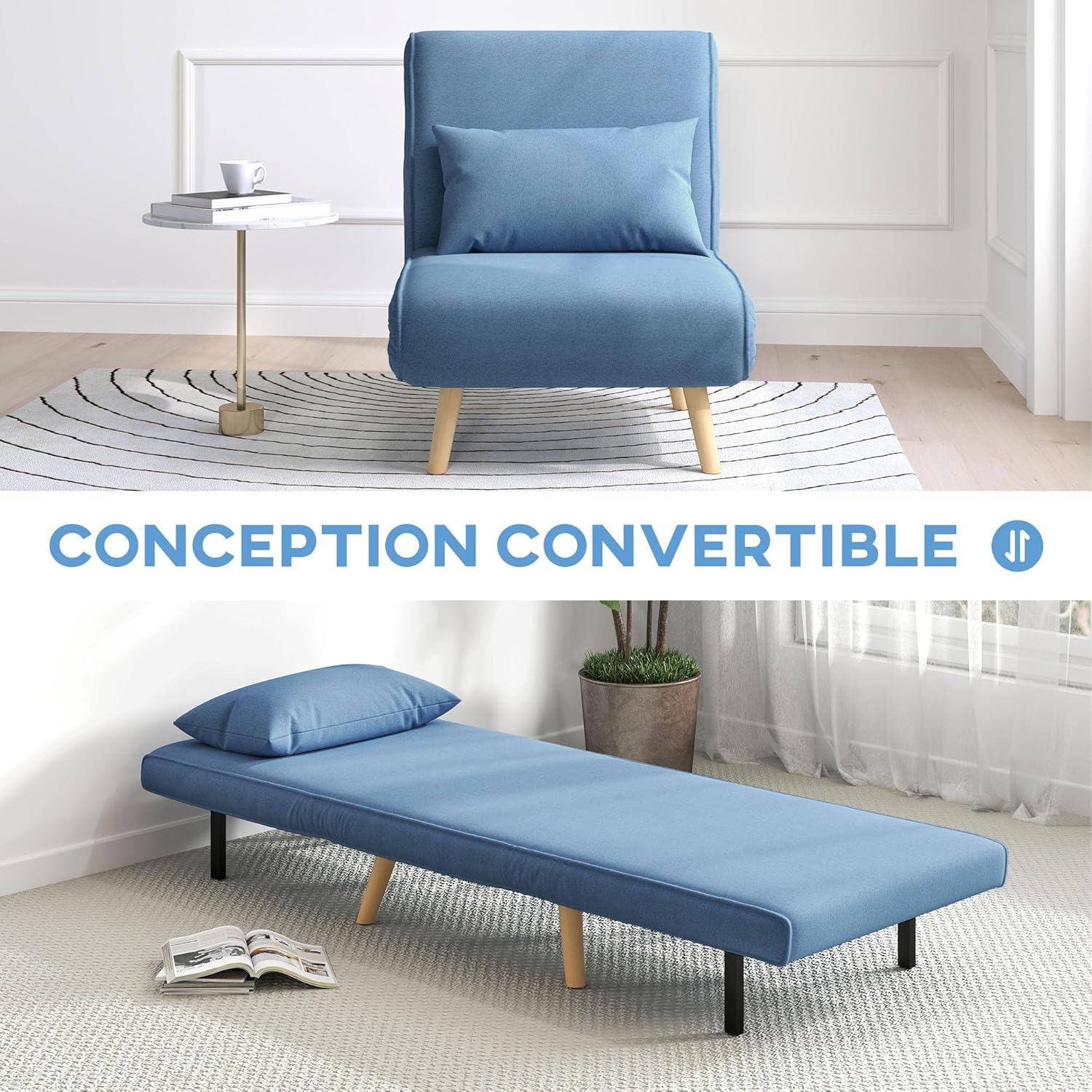 HOMCOM 3 en 1 Fauteuil Convertible 1 Place, Fauteuil lit et chauffeuse - Dossier inclinable 5 Niveaux et Oreiller Inclus, siège rembourré - pour Bureau, Salon, Chambre à Coucher, Bleu