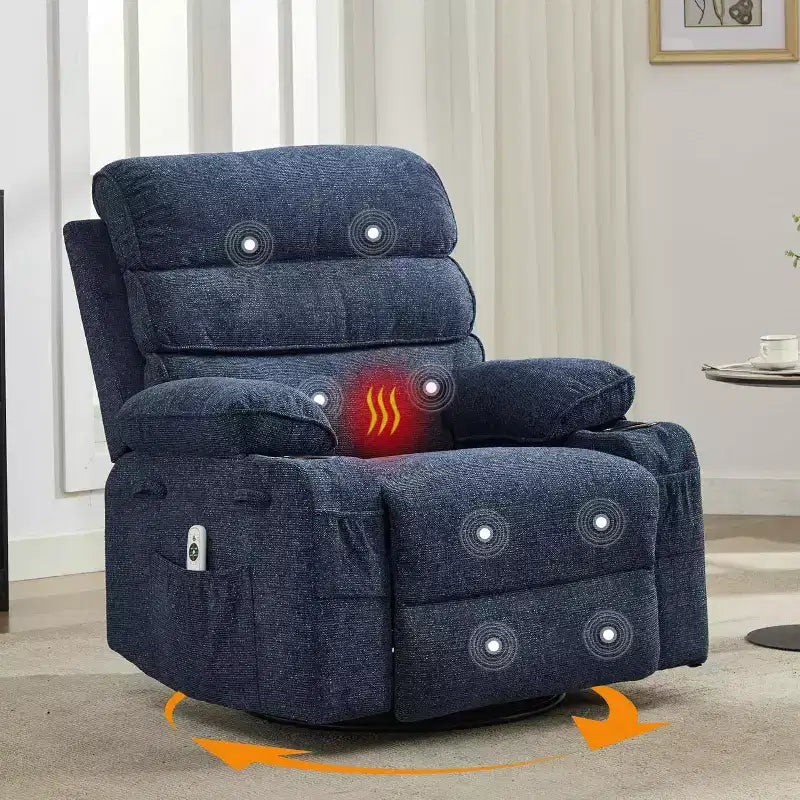 Massage Rocker Recliner with Heating, 360 Swivel Glider Recliner Chairs for Adults, Linen Nursery Chair with Side Pocket, Two Cup Holders