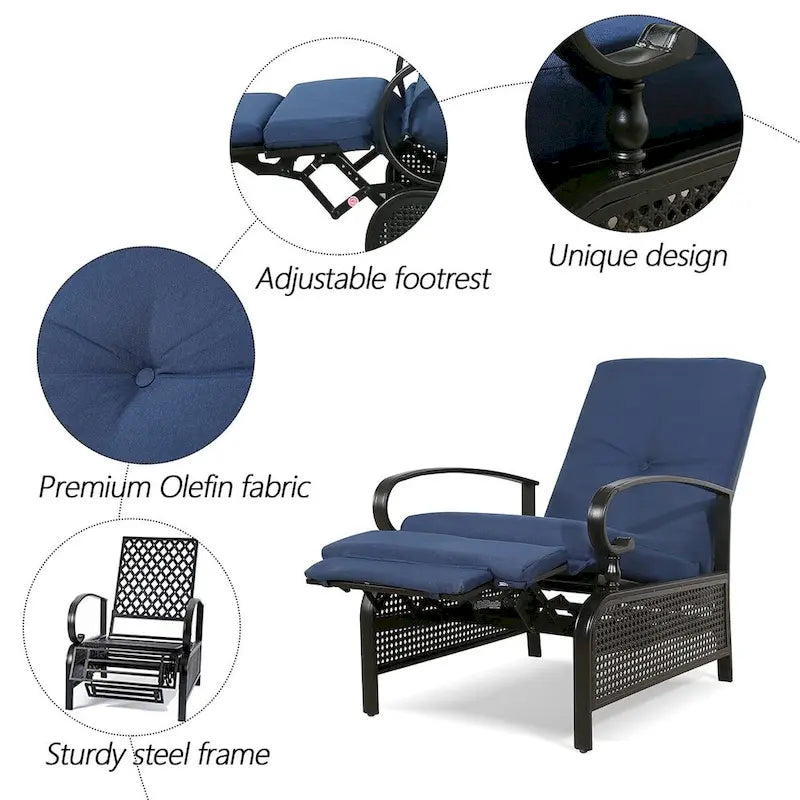Adjustable Recliner Lounge Chair Patio Lounge Sofa with Cushion - 38 (D) x 26.5 (W) x 38.5 (H) INCH