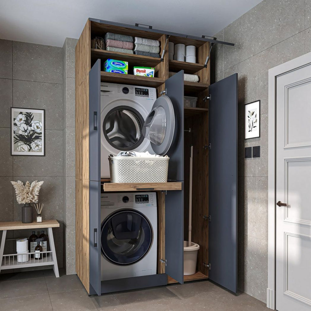 ROOMART Dora - Meuble pour machine à laver - Pour sèche-linge et machine à laver - En 4 couleurs - Avec portes et panneau coulissant - Blanc - Chêne blanc - Chêne anthracite - Chêne blanc (chêne blanc)