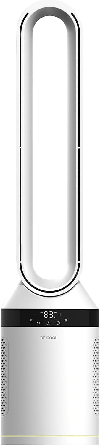 BE COOL Ventilateur tour sans rotor 40 W, moteur CC silencieux, 12 niveaux, 3 modes, oscillation à 70°, minuterie 12h, télécommande, écran tactile LED, fonction anions, éclairage ambiant