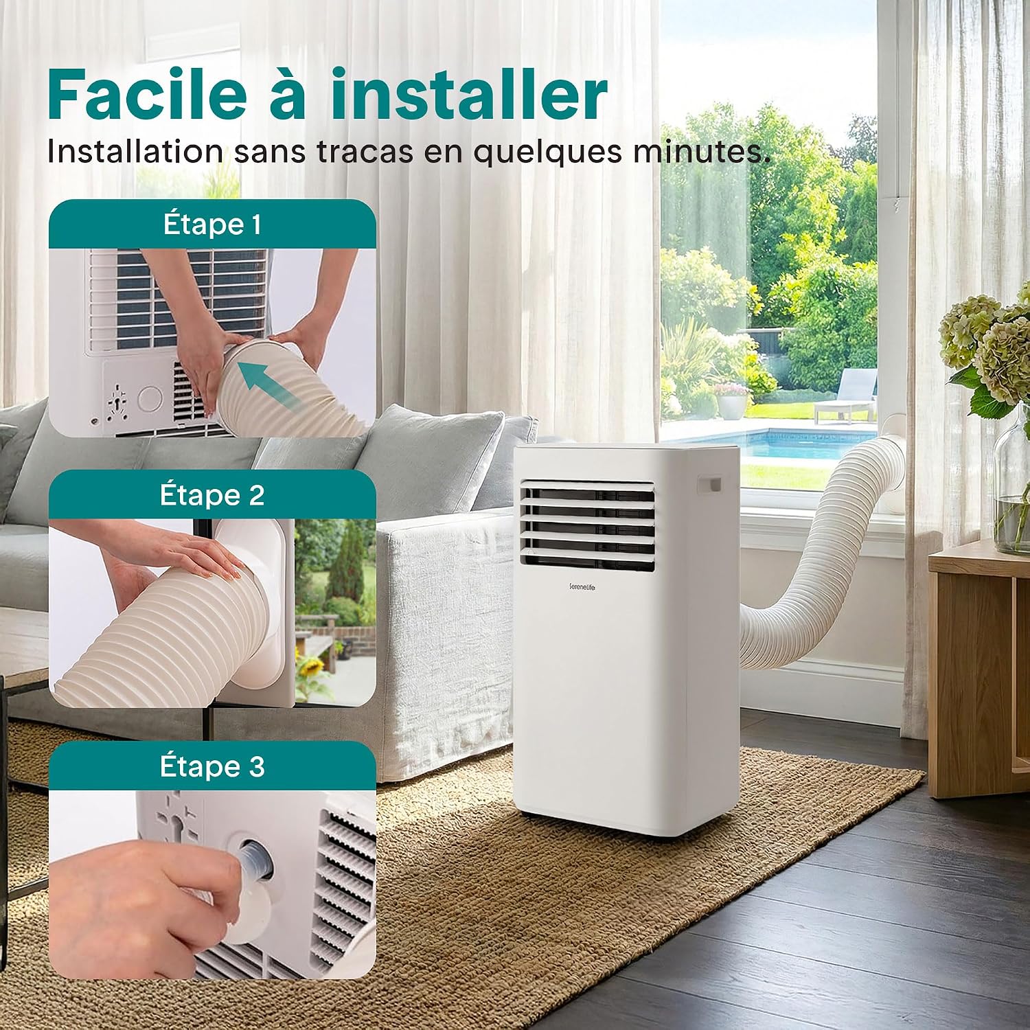 SereneLife Climatiseur Portable 9 000 BTU – Clim Mobile Compact 3 en 1, Refroidissement, Ventilation, Déshumidificateur, Unité de Climatisation Économe avec Télécommande, Roulettes, Kit Fenêtre
