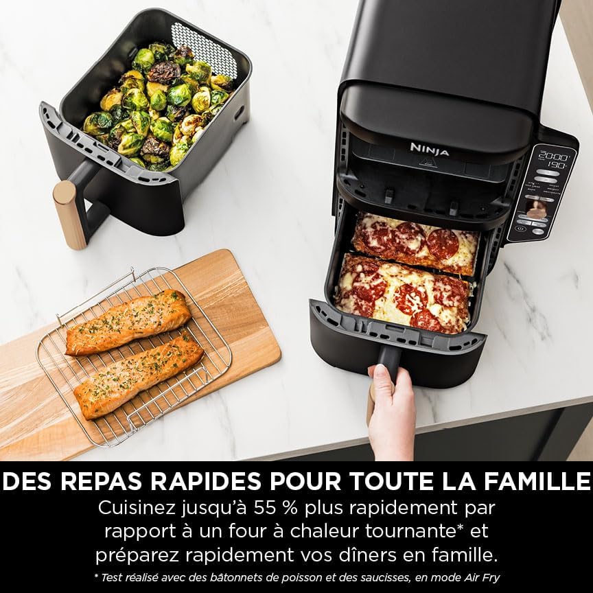 NINJA Double Stack XL Air Fryer 2 Compartiments Verticale, Compact, 4 Niveaux de Cuisson, Capacité de 9,5L, Air Fryer 6-en 1, Pièces Antiadhésives Amovibles Lavables Au Lave-Vaisselle, Noir/Cuivre