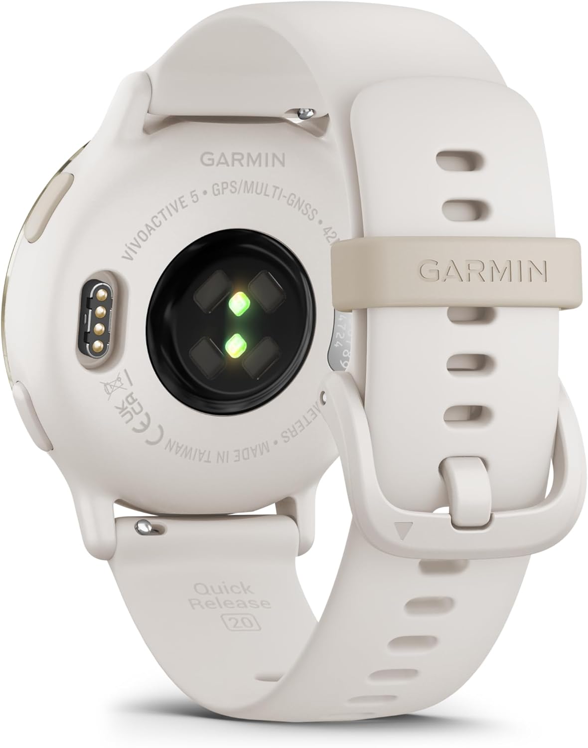 Garmin Vivoactive 5 montre intelligente GPS santé et fitness pour homme et femme lunette aluminium doré crème bracelet silicone ivoire écran AMOLED 3 cm autonomie