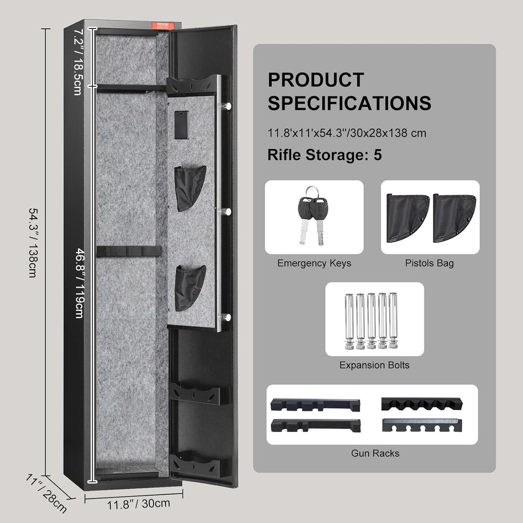 VEVOR Armoire à 5 Fusils 4 Pistolets en Acier Coffre-Fort pour Armes à Feu 2 Façons de Verrouillage Empreinte Digitale et Clé Anti-Effraction Alarme Antivol et Mode Silencieux Domicile 28x30x138 cm