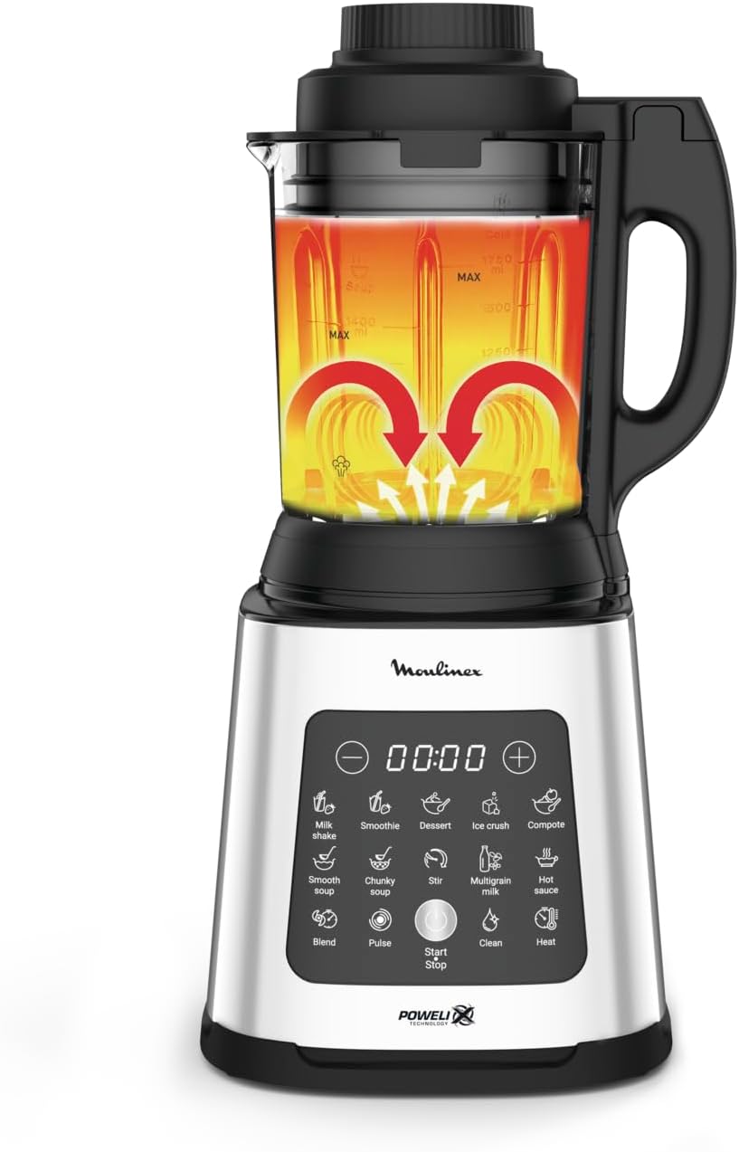 Moulinex Perfectmix Cook blender chauffant à haute vitesse, 10 programmes automatiques, 1400 W, YY5607FG, Noir et Transparent, Métal