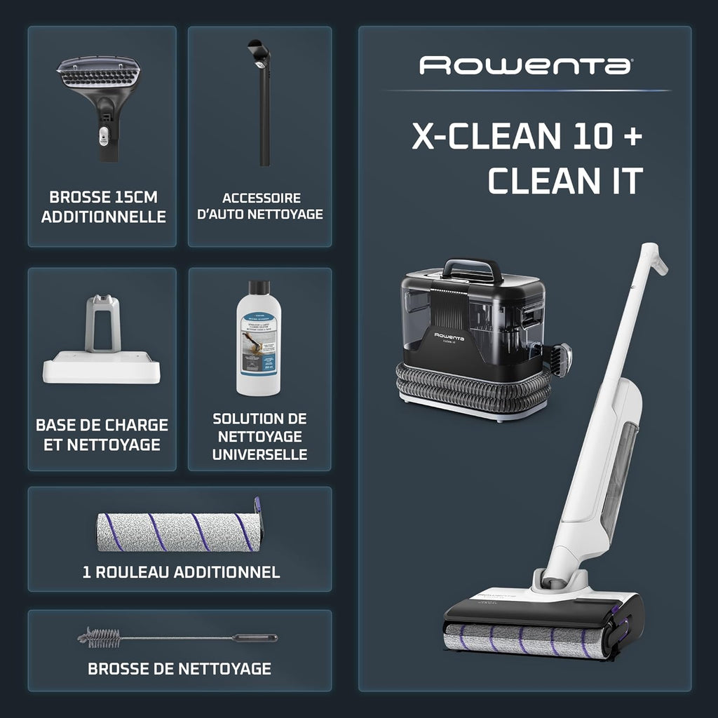 Rowenta X-Clean 10 et Clean it, Aspirateur Laveur sans Fil et Shampouineuse, Parfait pour Tâches Tenaces et Poils, Sols Durs, Moquettes et Tapis GZ7540WO + IN5010F0