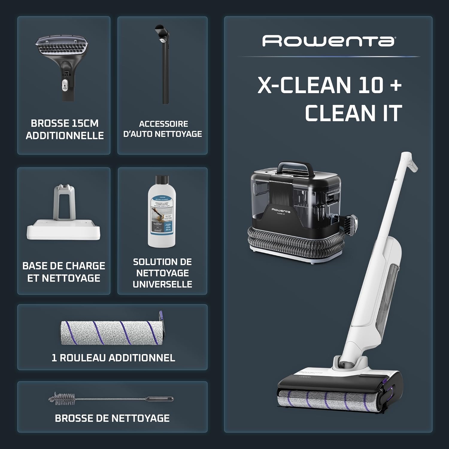 Rowenta X-Clean 10 et Clean it, Aspirateur Laveur sans Fil et Shampouineuse, Parfait pour Tâches Tenaces et Poils, Sols Durs, Moquettes et Tapis GZ7540WO + IN5010F0