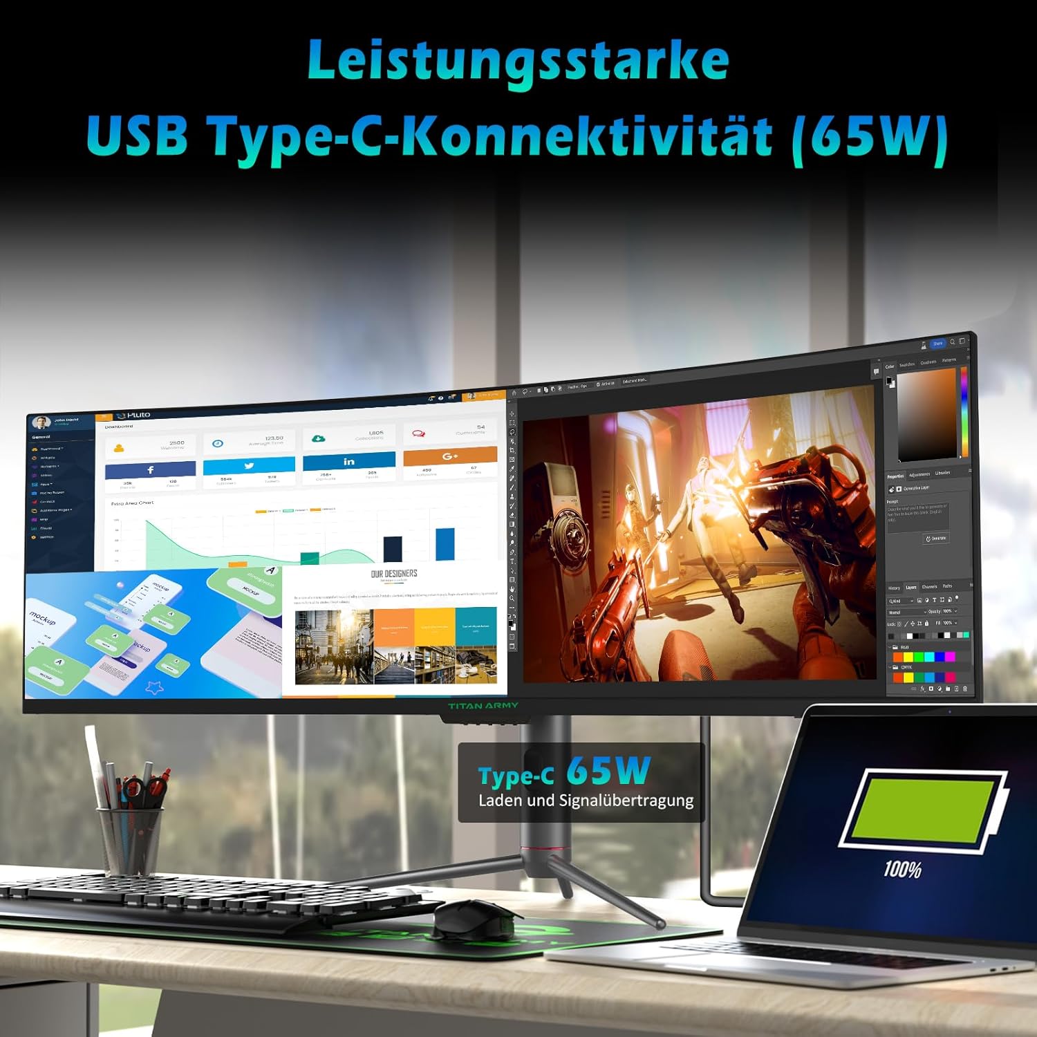 TITAN ARMY 49“ Ecran PC Gamer Incurvé, 144Hz, DFHD 3840 x 1080, Ultrawide 1800R VA Ecran Gaming, 32:9, HDR400, G-Sync & FreeSync, 99% sRGB, USB Type-C 65W, Réglable en Hauteur, HDMI, DP, C49SHC