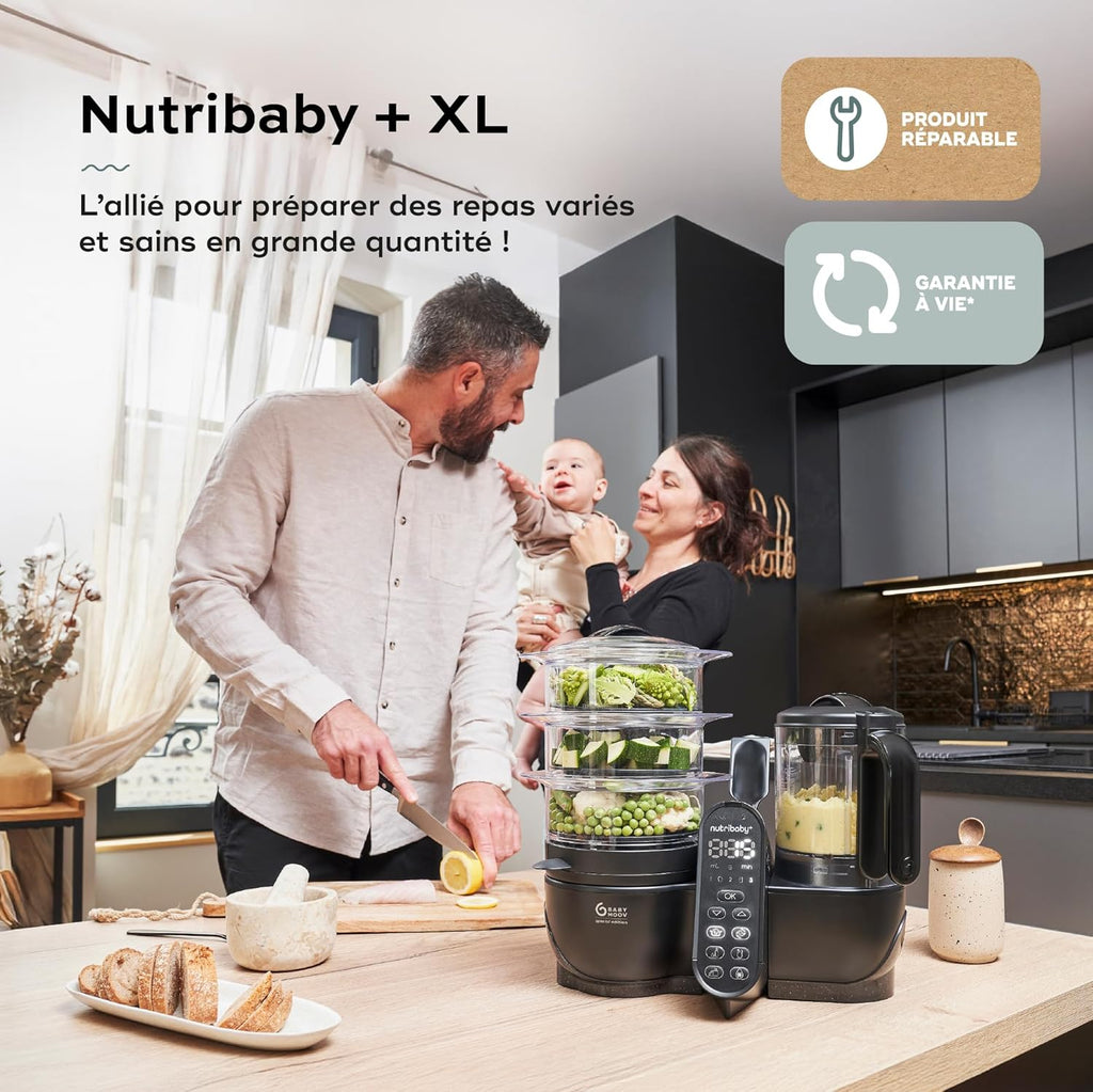 Babymoov Robot Cuiseur Bébé Nutribaby(+) XL - Grande Capacité 2,9L - Jusqu'à 14 Repas en 1 Cycle - 6 Fonctions en 1-2 Paniers Vapeur - Diversification Alimentaire - Mixeur Cuiseur Bébé, Noir