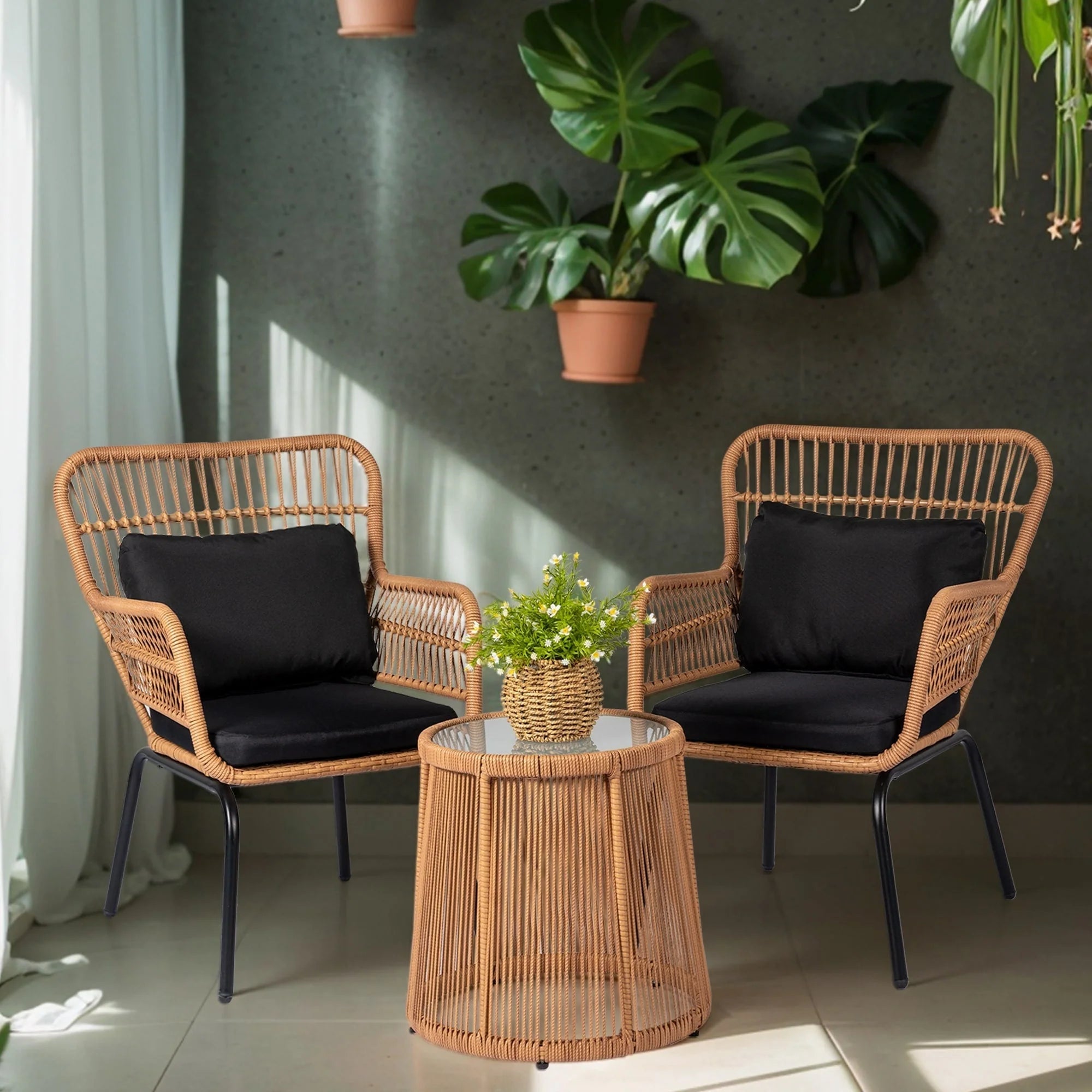 3 Piece Outdoor Wicker Conversation Bistro Set, All-Weather Rattan Furniture Patio Chairs Set with Cushions