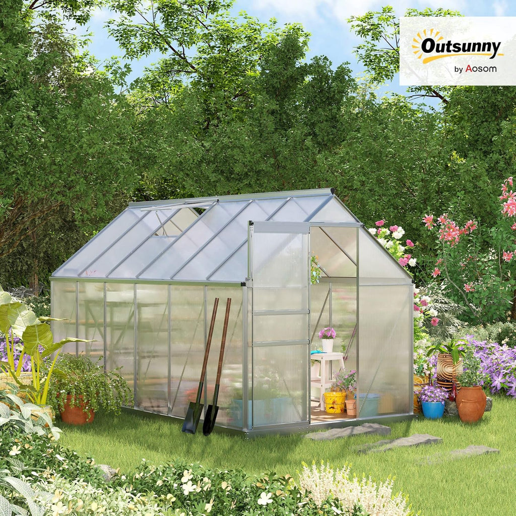 Outsunny Serre de Jardin en Polycarbonate 7,1 m² avec Porte coulissante, Lucarne Ajustable, Fondation Incluse, dim. 1,9L x 3,75l x 1,99 m - Argent et Transparent