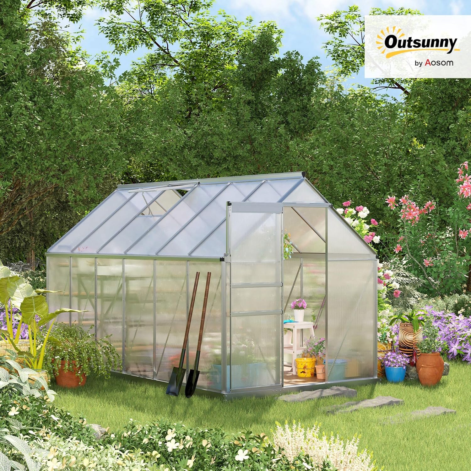 Outsunny Serre de Jardin en Polycarbonate 7,1 m² avec Porte coulissante, Lucarne Ajustable, Fondation Incluse, dim. 1,9L x 3,75l x 1,99 m - Argent et Transparent