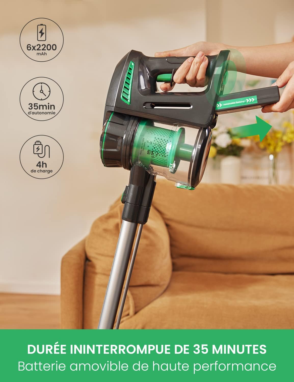 Vactidy Aspirateur sans fil, aspirateur sans fil avec batterie amovible, puissance d'aspiration 20 KPa pour sols en bois dur, jusqu'à 30 minutes d'autonomie