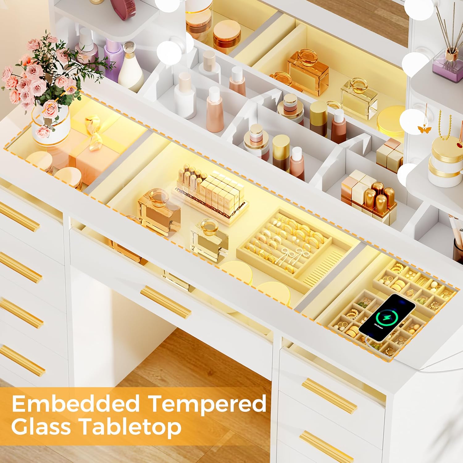 ANWBROAD coiffeuse blanche avec miroir et éclairage LED 3 couleurs, plateau en verre, 9 tiroirs RGB, 4 étagères, prise intégrée