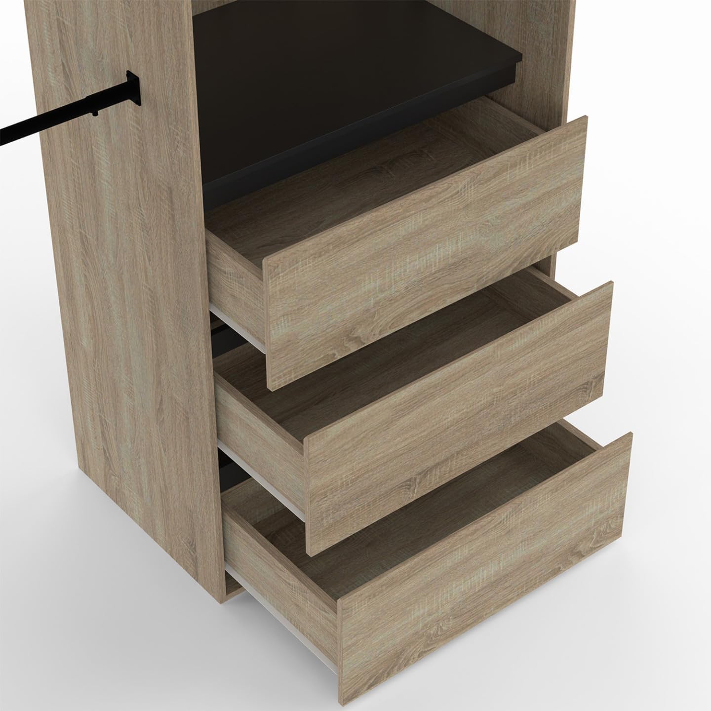 IDMarket - Dressing extensible MARTY 120/170 x 50 x 180 cm hêtre avec 3 tiroirs + étagères + double penderie + rideau noir