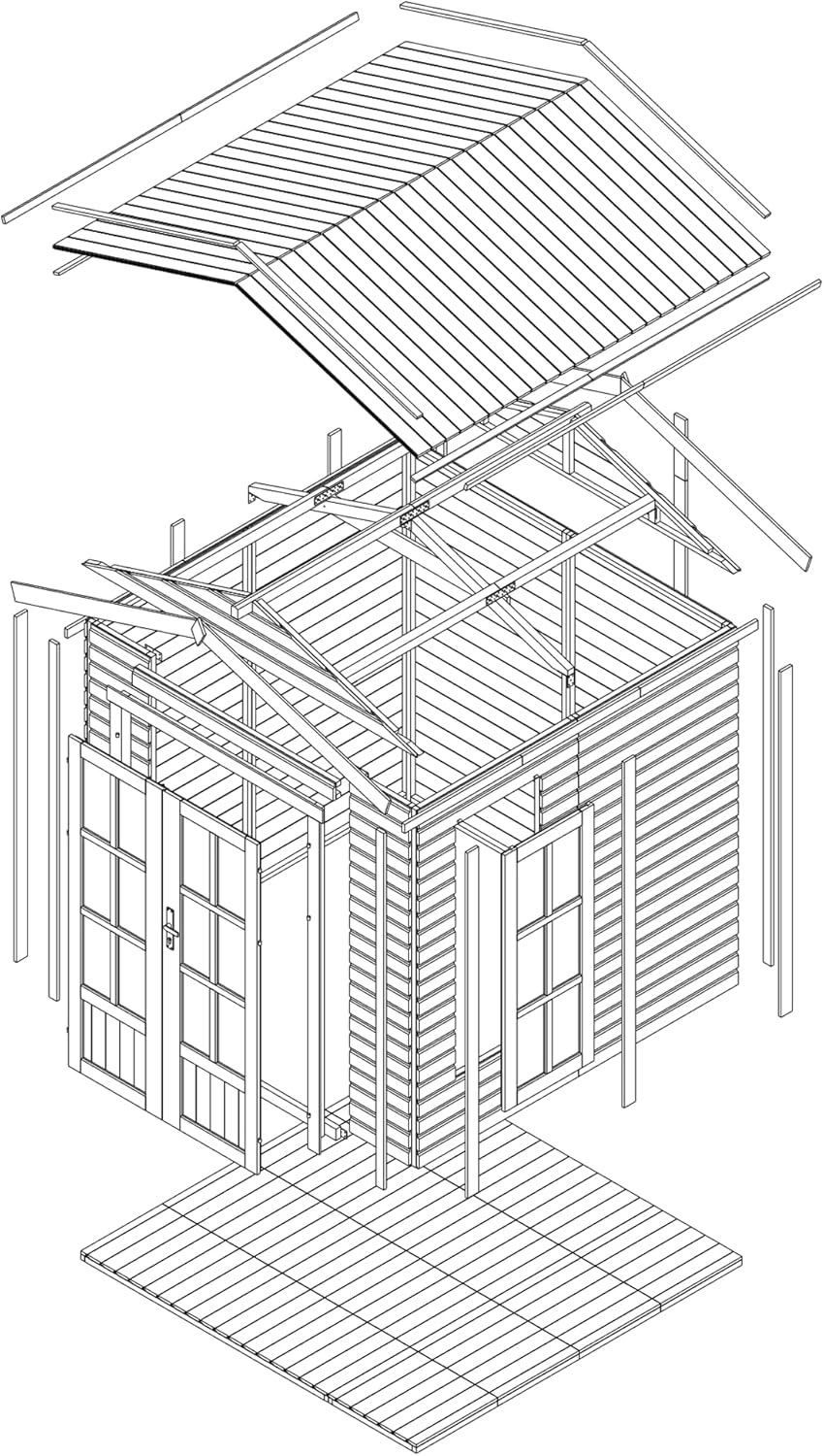 TIMBELA M351FB Cabane en Bois avec Plancher et Bardeaux Bitumineux Rouges, L233xP222xH233 cm – Abri Multifonctionnel, Bureau, Atelier, Studio Jardin