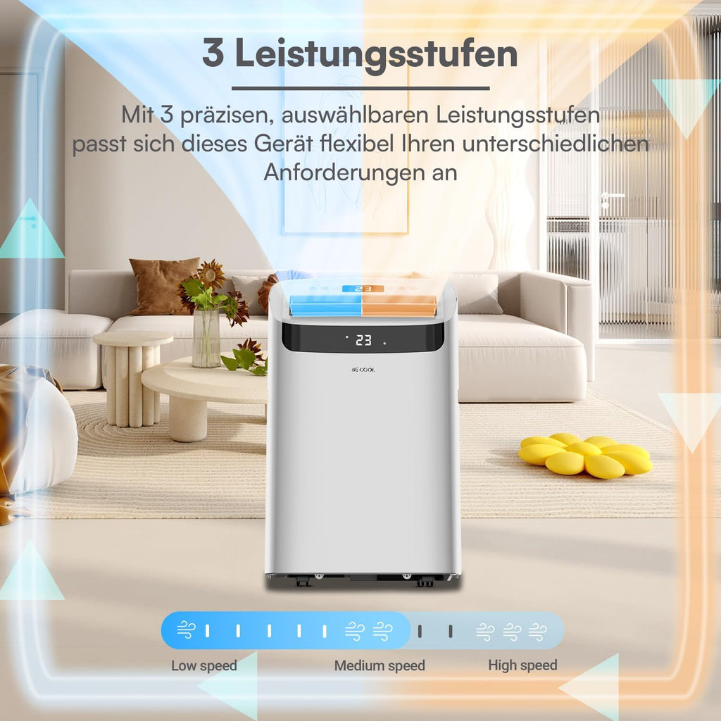 BE COOL Climatiseur mobile 12000 BTU avec chauffage et Wi-Fi, silencieux grâce à l'onduleur, climatiseur mobile 4 en 1 avec déshumidificateur et ventilateur, pour pièces jusqu'à 42 m², gris