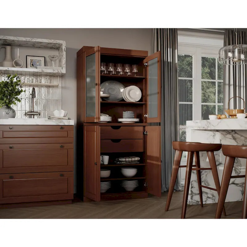 100% Solid Wood Pantry Cabinet with Frosted Glass Doors, Solid Doors, 2-Drawers and Adjustable Shelves