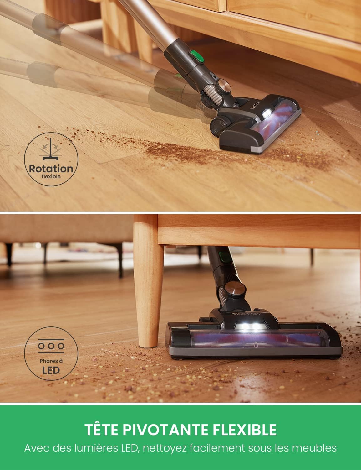 Vactidy Aspirateur sans fil, aspirateur sans fil avec batterie amovible, puissance d'aspiration 20 KPa pour sols en bois dur, jusqu'à 30 minutes d'autonomie
