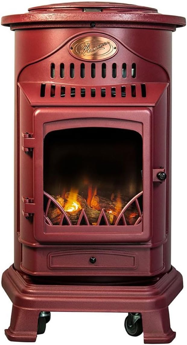 Universal poêle à gaz Provence 3,4 kW rouge, effet poêle à bois en fonte véritable, chauffage d’appoint avec tuyau gaz et détendeur