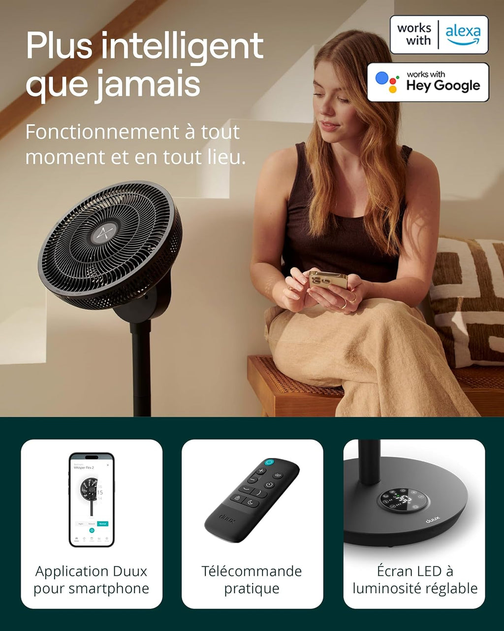 Duux Ventilateur intelligent Whisper Flex 2 – ultra silencieux 13 dB – mode nuit & minuterie – hauteur réglable (54–92 cm) – 2W éco – contrôle app & télécommande – Noir