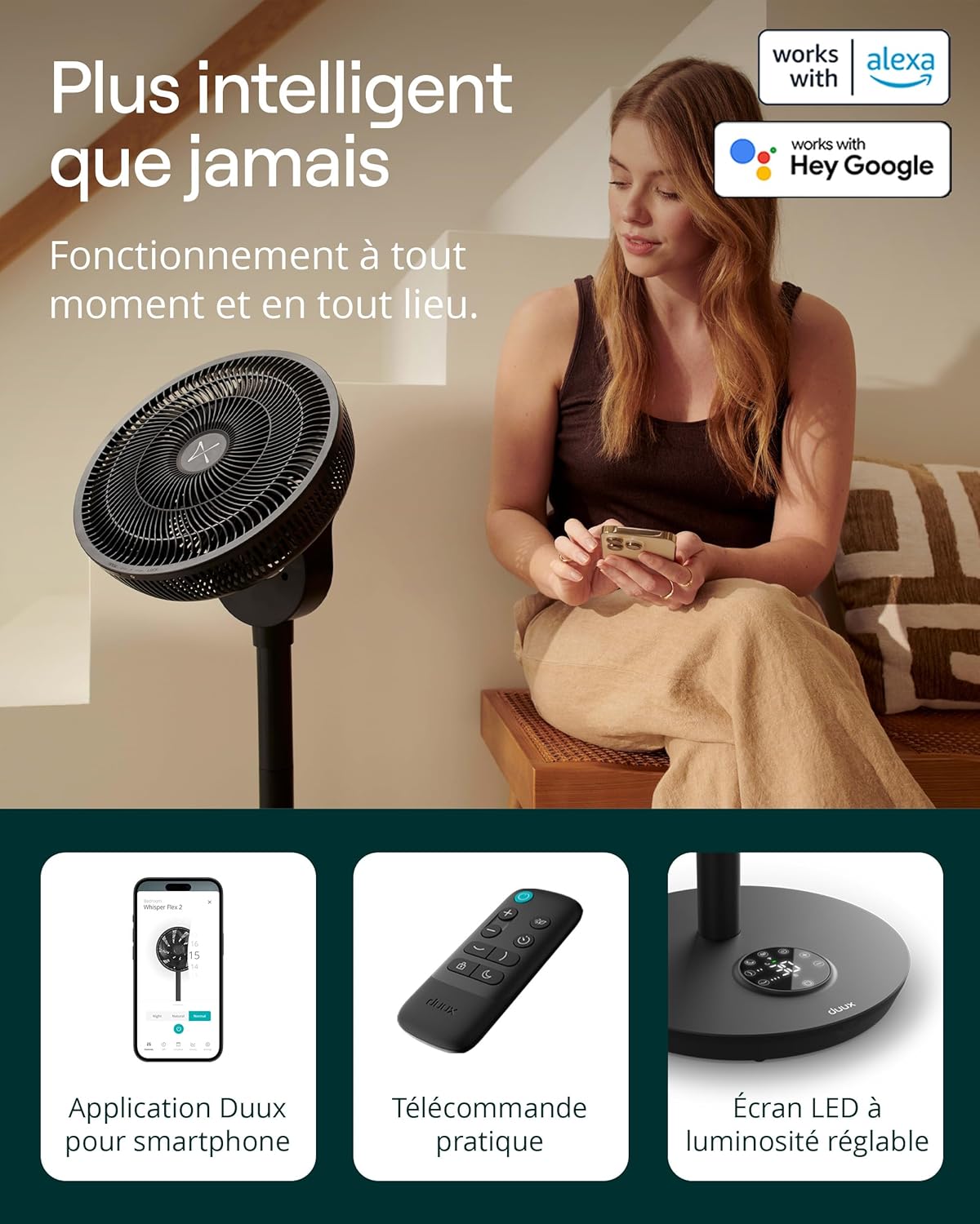Duux Ventilateur intelligent Whisper Flex 2 – ultra silencieux 13 dB – mode nuit & minuterie – hauteur réglable (54–92 cm) – 2W éco – contrôle app & télécommande – Noir