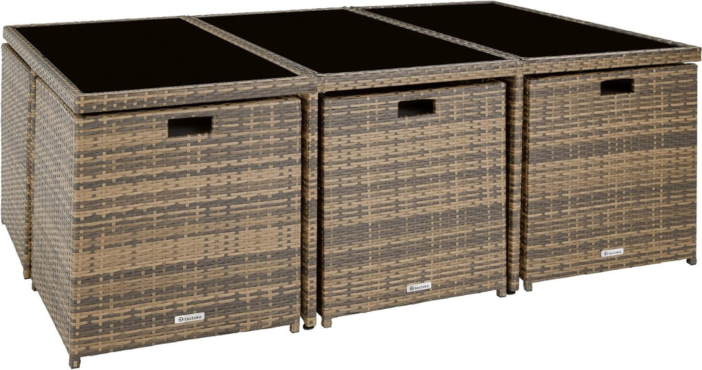TecTake Salon de Jardin Exterieur en Résine Tressée Poly Rotin Salon de Jardin Table 10 Personnes Fauteuil Exterieur Encastrable Aluminium, 2 Sets de Housses + Housse de Protection – Marron Naturel