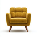 Fauteuil en tissu jaune avec dossier capitonné et coussin d’assise, pieds en bois