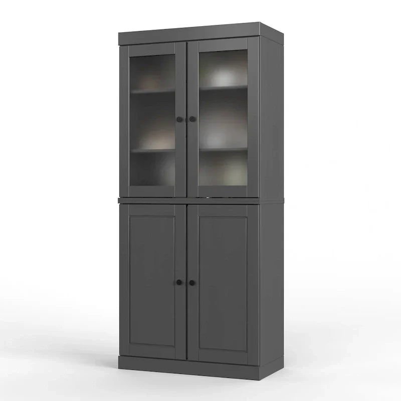 100% Solid Wood Pantry Cabinet with Frosted Glass Doors, Solid Doors, 2-Drawers and Adjustable Shelves