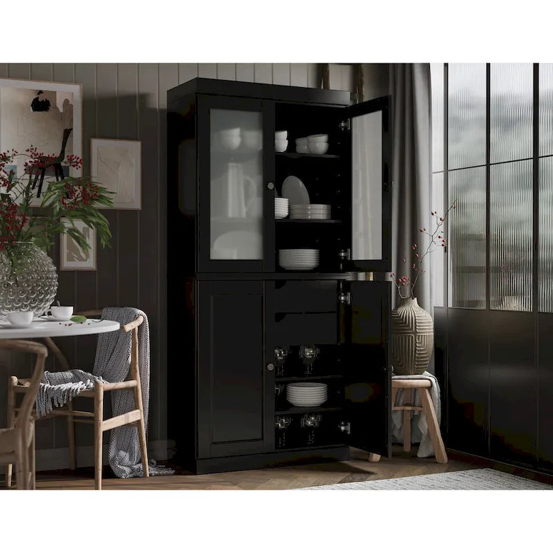 100% Solid Wood Pantry Cabinet with Frosted Glass Doors, Solid Doors, 2-Drawers and Adjustable Shelves