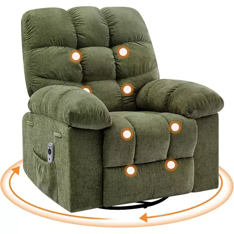 Massage Recliner Chair with Heat - 360 Swivel Rocker, Oversized Single Sofa w/ Vibration, USB & Storage Pockets for Living Room/Bedroom