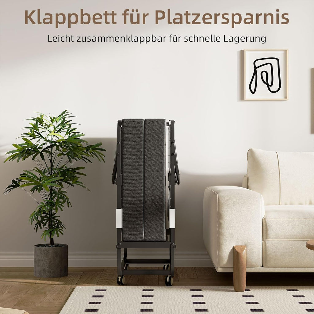 CAIYUN lit pliant 1 personne 80 × 190 cm avec matelas mousse 13 cm, sommier à lattes métal, 4 roulettes, charge 200 kg