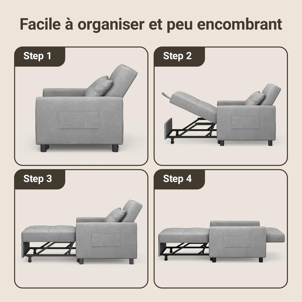 Xbro Fauteuil-lit 3 en 1 Convertible 1 Place, Fauteuil-lit avec Fonction Lit, Canapé-lit Réglable avec Coussin et Sac, Fauteuil avec Fonction Lit pour Petit Appartement (Gris Clair)