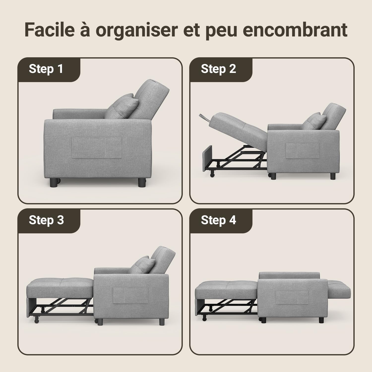 Xbro Fauteuil-lit 3 en 1 Convertible 1 Place, Fauteuil-lit avec Fonction Lit, Canapé-lit Réglable avec Coussin et Sac, Fauteuil avec Fonction Lit pour Petit Appartement (Gris Clair)