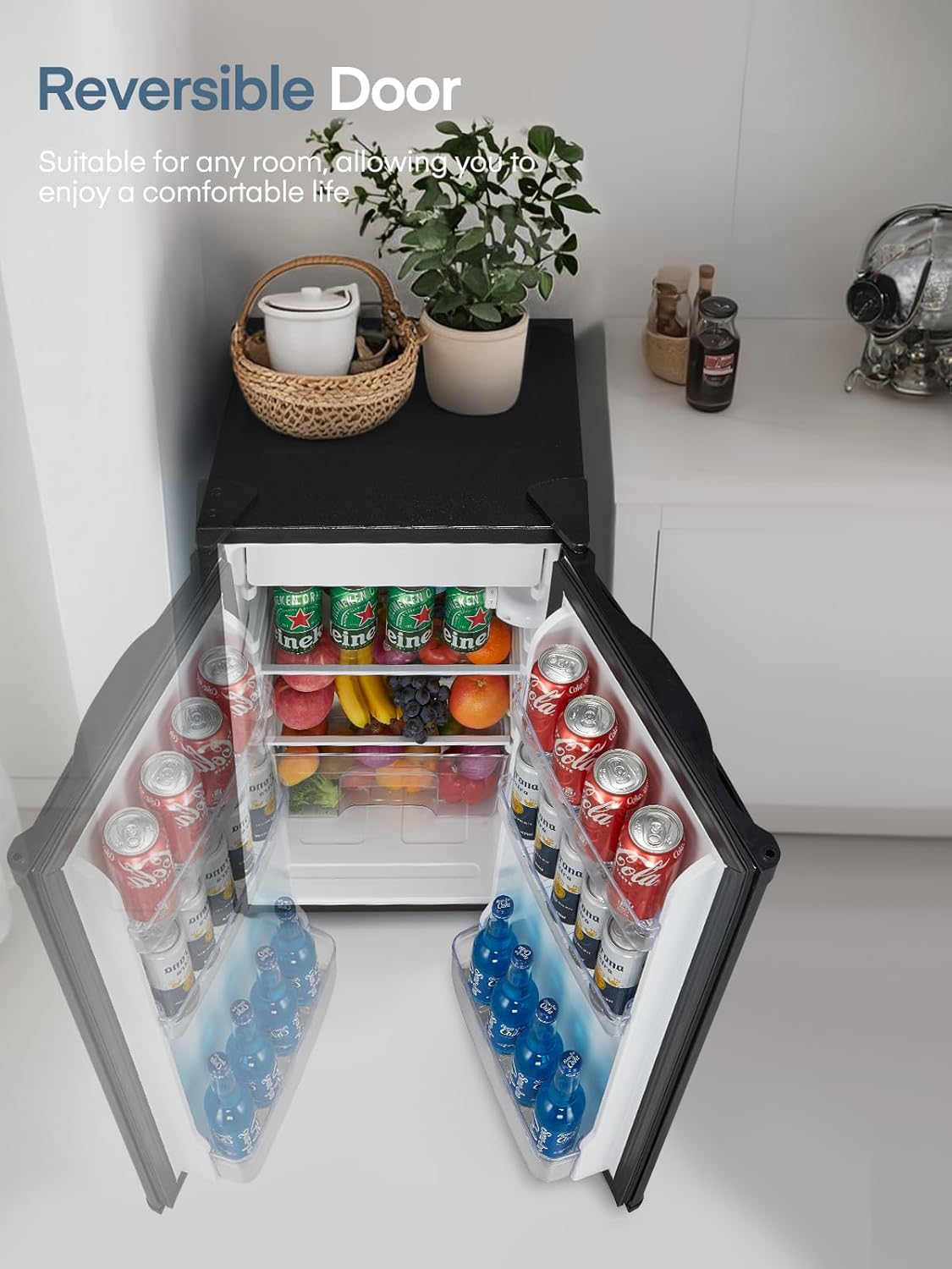 FOHERE Petit Frigo avec Congélateur de 91L, Réfrigérateur à une porte, Bac à Légumes, Thermostat Réglable, Silencieux, Petit Frigo de Bureau, Porte Réversible, Dortoir, Chambre, Noir