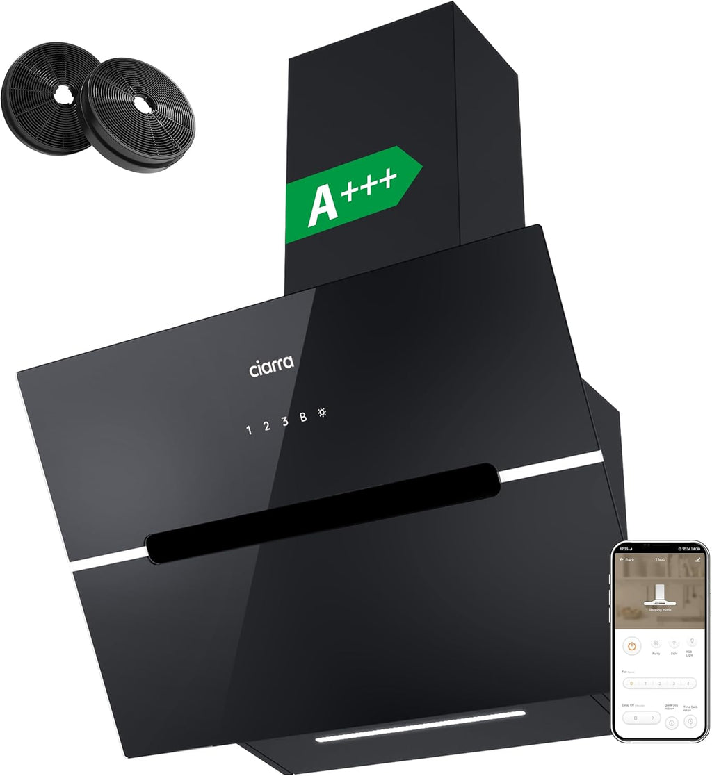 Ciarra CBCB6736F Classe A+++ Hotte Aspirante Inclinée 60cm - 650m³/h - Commande Tactile & Wi-Fi - Fonction Boost - Design en Verre Élégant - Noir