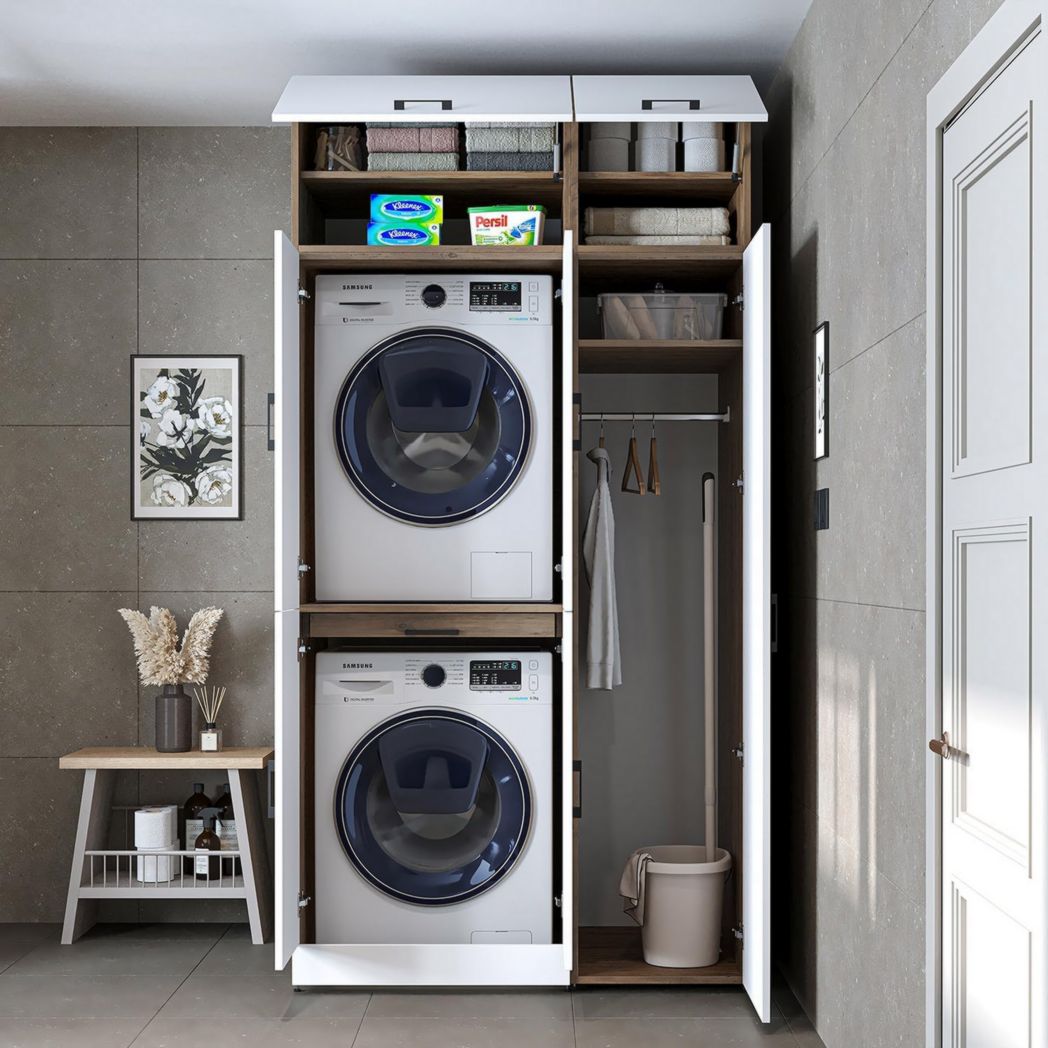 ROOMART Dora - Meuble pour machine à laver - Pour sèche-linge et machine à laver - En 4 couleurs - Avec portes et panneau coulissant - Blanc - Chêne blanc - Chêne anthracite - Chêne blanc (chêne blanc)