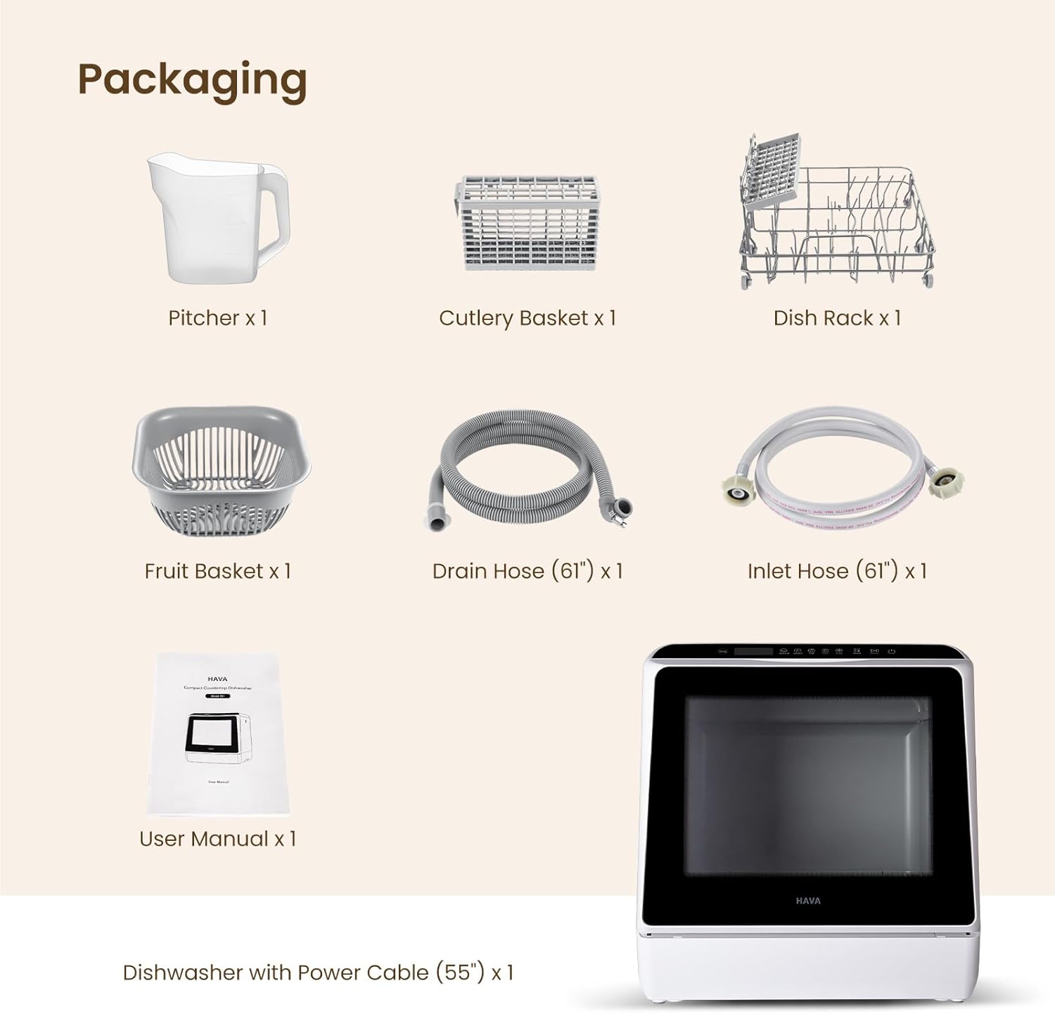 HAVA mini lave-vaisselle portable, 6 programmes avec réservoir d’eau intégré 5 L, sans branchement, fonction soin bébé et séchage à l’air, pour appartements et camping-cars