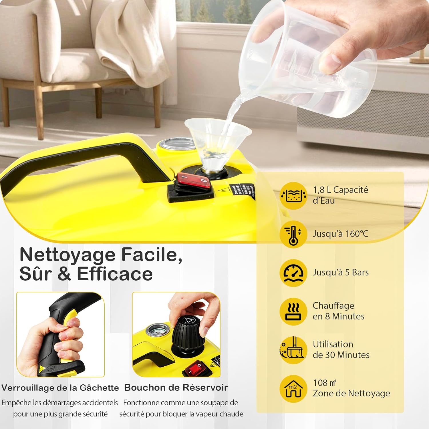 GOPLUS Nettoyeur Vapeur, 13 Accessoires, Pression 5 Bar Puissance 2000W avec Réservoir d'Eau 1,8L, Balai Vapeur pour Tapis, Fenêtre, Verre et Rideau