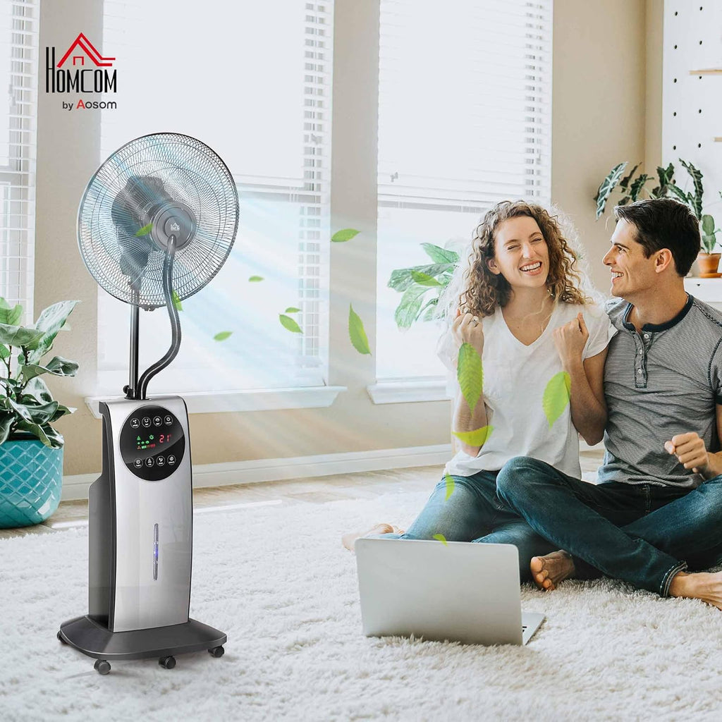 HOMCOM Ventilateur brumisateur silencieux 90 W, ventilateur sur pied 135 cm avec 3 modes 3 vitesses, télécommande, minuterie 12H, oscillation à 70°, écran LED, réservoir d'eau de 3,1L, gris et noir
